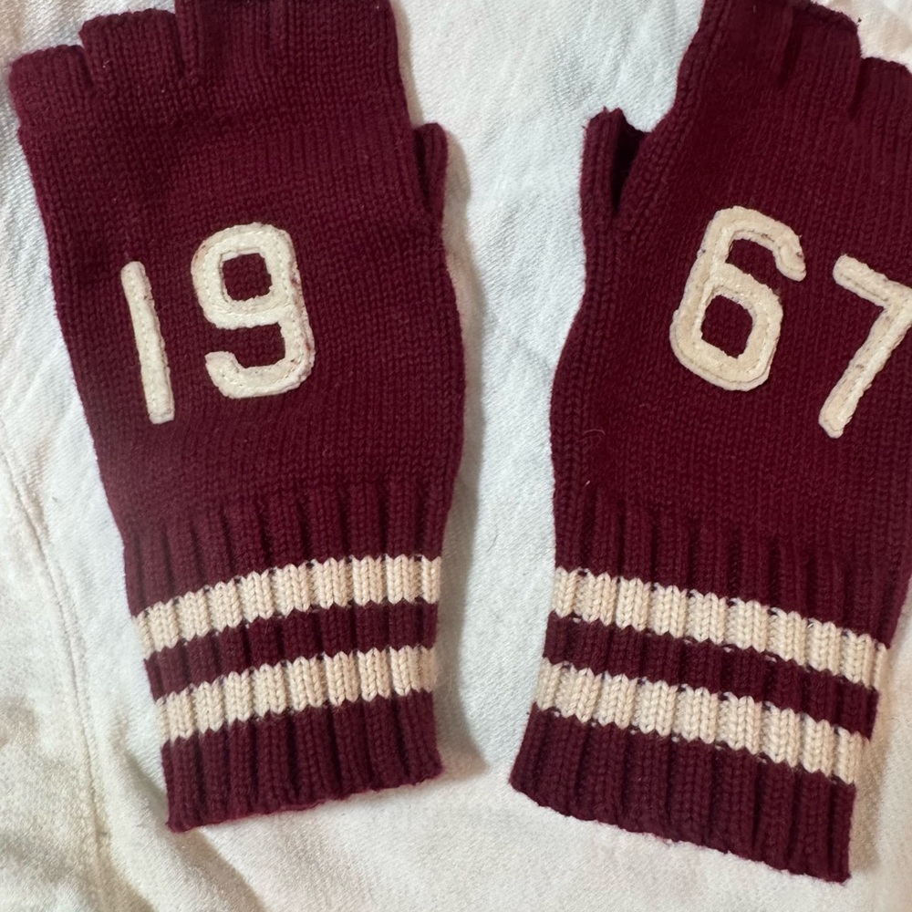 Abercrombie & Fitch Burgundy Fingerless Gloves with Beige Stripes